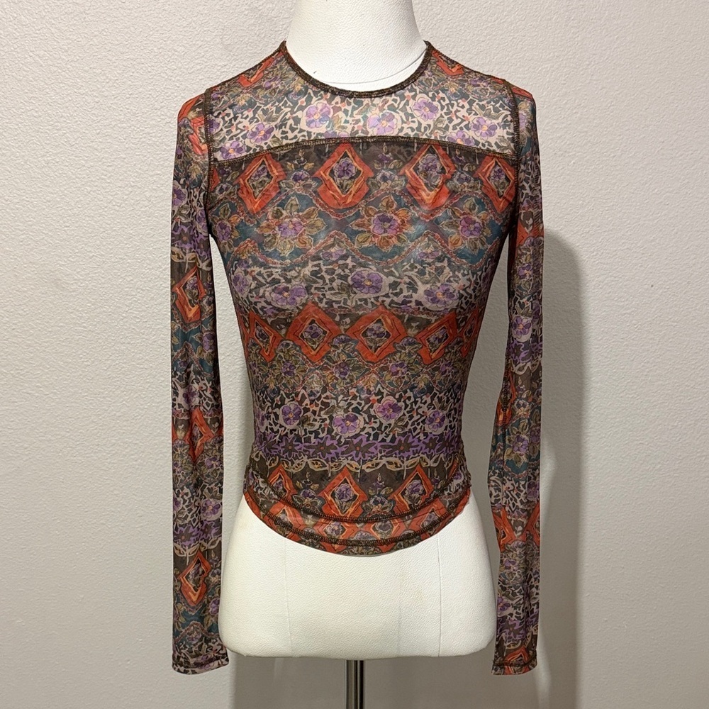 NATURAL LIFE Multicolor Printed Sheer Long-Sleeve Mesh Top Boho